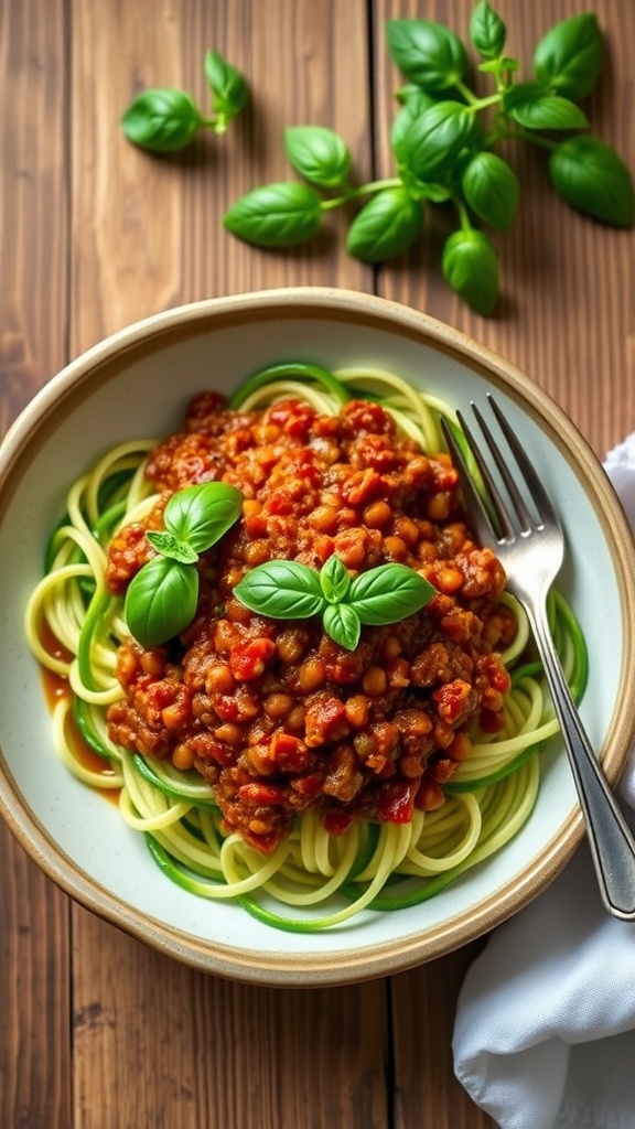 Protein-Packed Lentil Bolognese with Zucchini Noodles Zucchini noodles topped with lentil Bolognese sauce, garnished with basil on a wooden table.